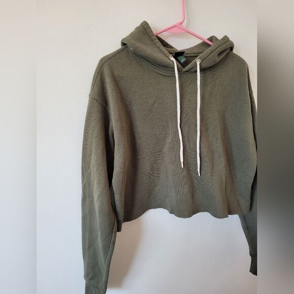 Cropped Hoodie Olive Army Green Cozy Oversized Boxy Cotton Loungewear Medium - Picture 6 of 9